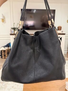 Coach Phoebe Black Leather Shoulder Bag with Gold Hardware